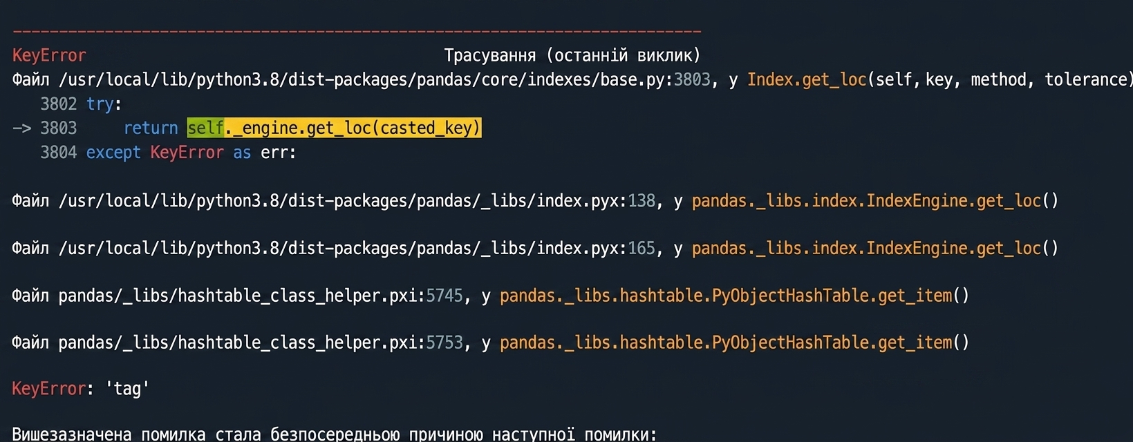 Traceback з файлом, що спричинив помилку під час виконання, і типом помилки KeyError