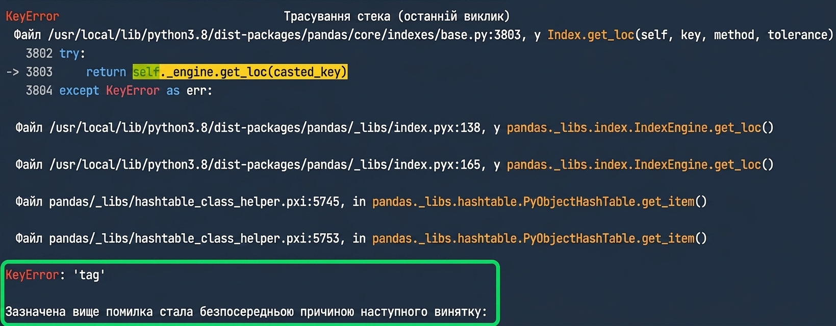 Traceback із підсвіченим KeyError