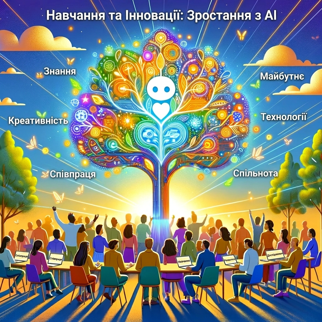 Кольорове дерево, довкола якого різноманітна група людей за столом