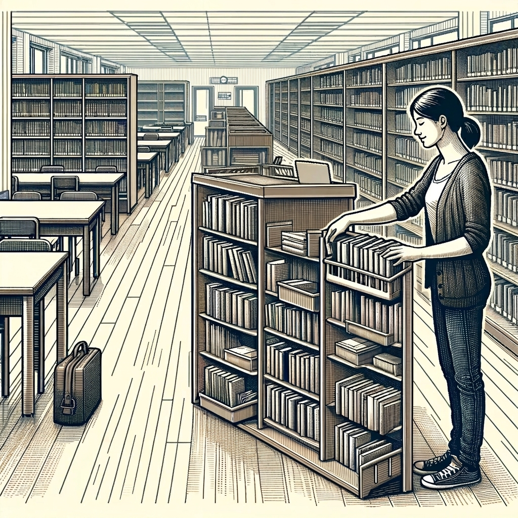 Зображення бібліотекаря, який впорядковує книги в бібліотеці