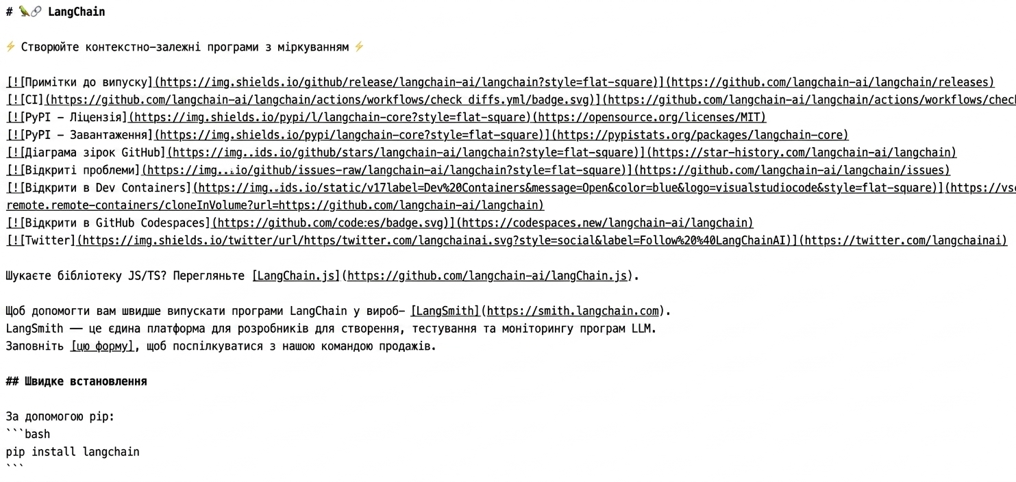 Сирий markdown, з якого створено файл README у репозиторії LangChain на GitHub.