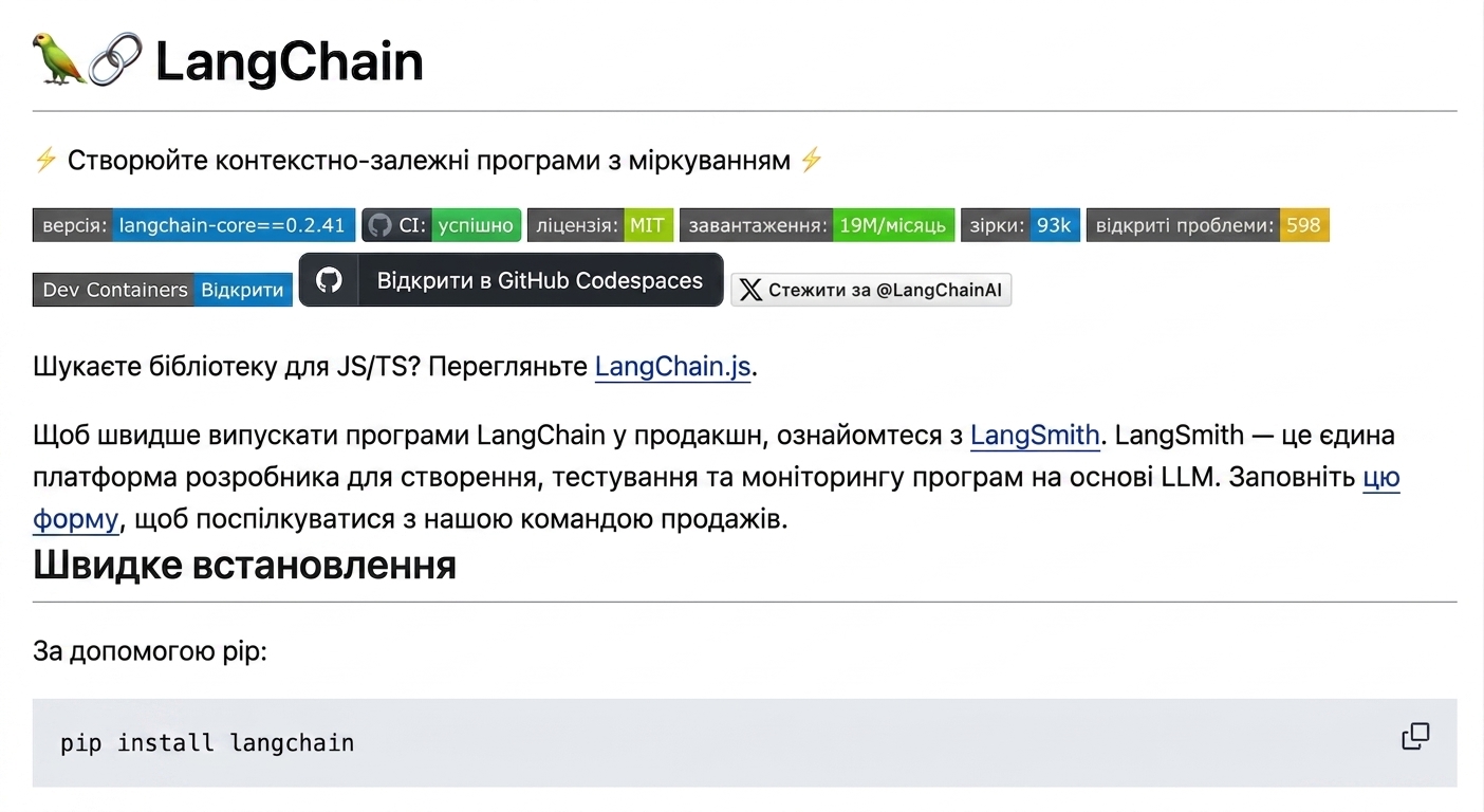 Відрендерений markdown із файлу LangChain GitHub README.md.