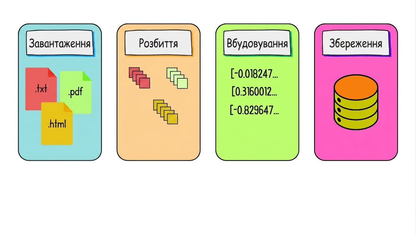 Виділено кроки вбудовування та зберігання.