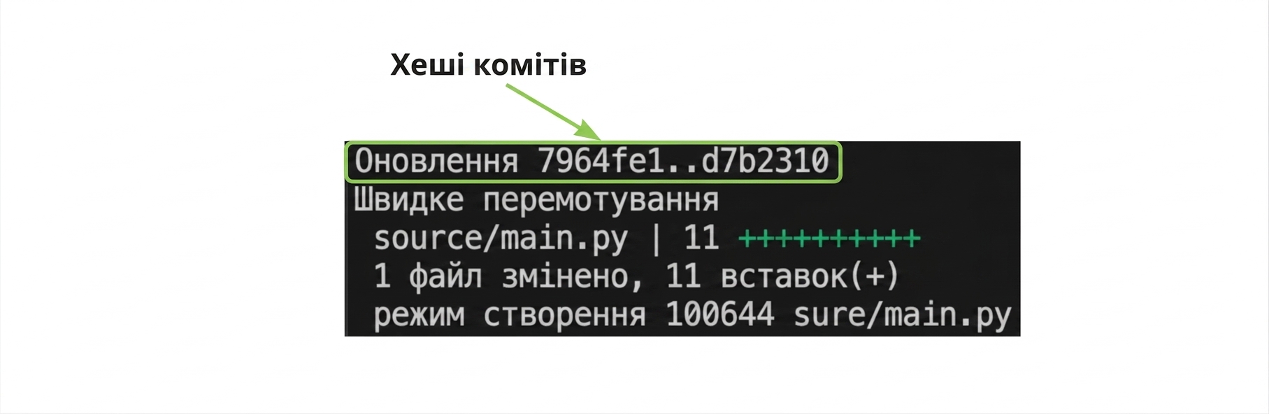 git_merge_output з підсвіткою хешів комітів