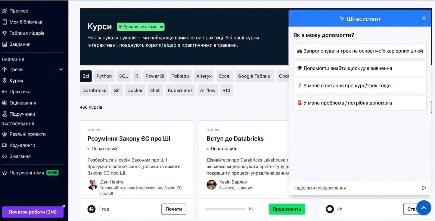 Сторінка DataCamp Courses з AI Assistant