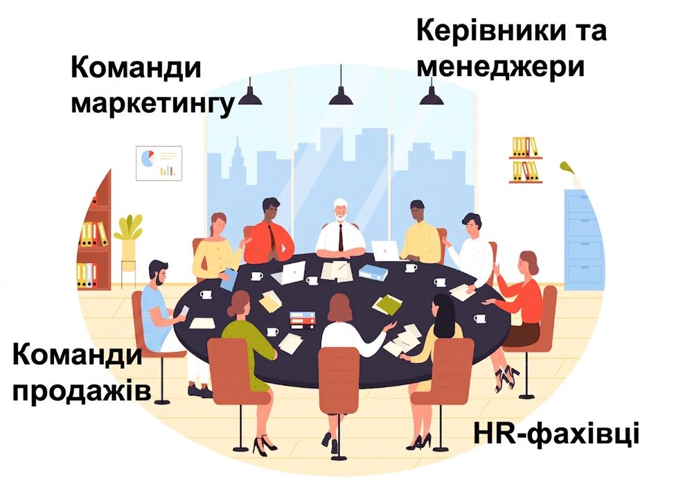 Ілюстрація різноманітної групи професіоналів — маркетинг, продажі, HR і керівники — за великим столом у переговорній.