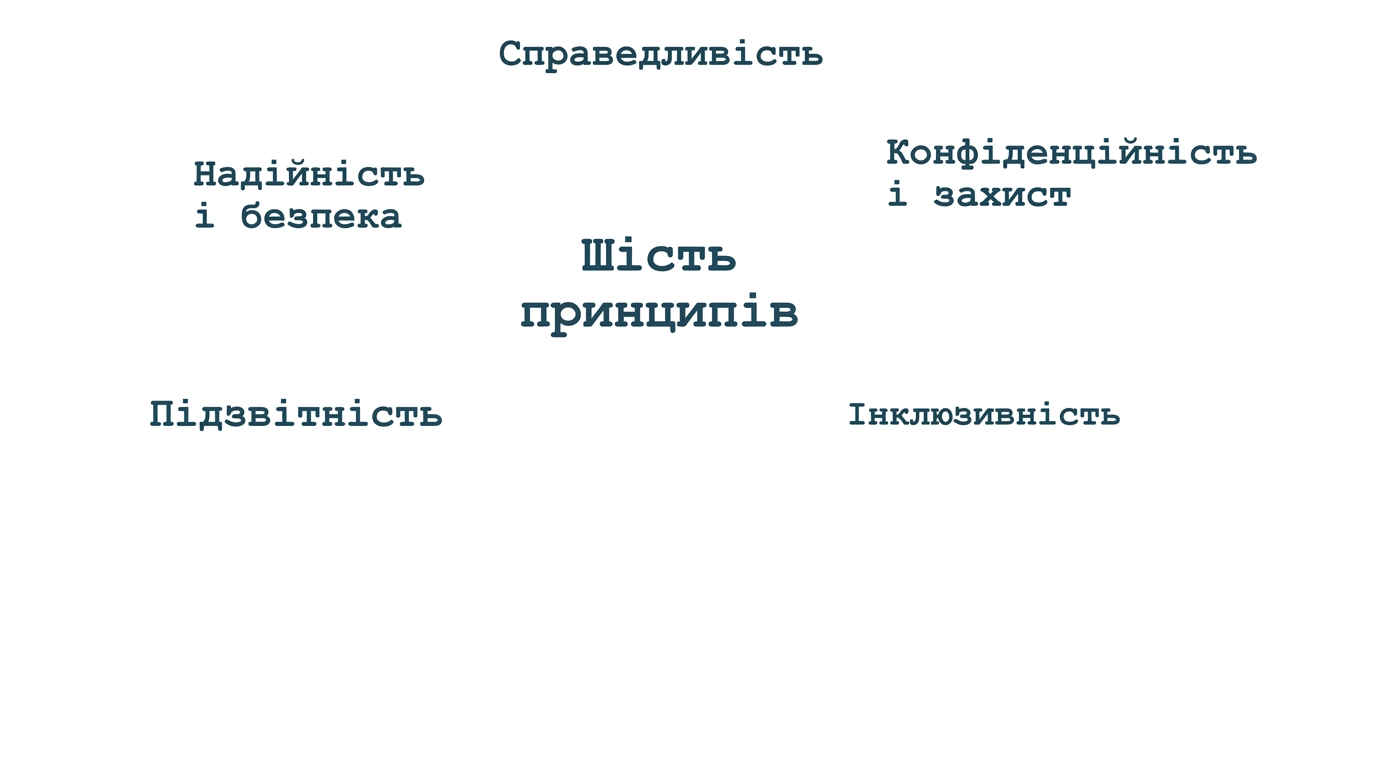 Текст «шiсть принципів», навколо — терміни: справедливість, конфіденційність і безпека, надійність і безпечність, підзвітність, інклюзивність