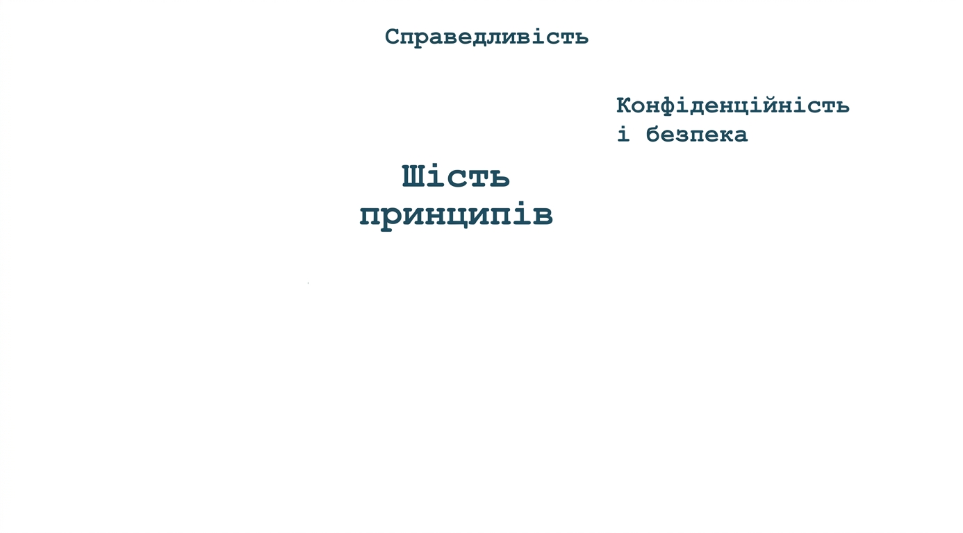 Текст «шiсть принципів», навколо — терміни: справедливість, конфіденційність і безпека