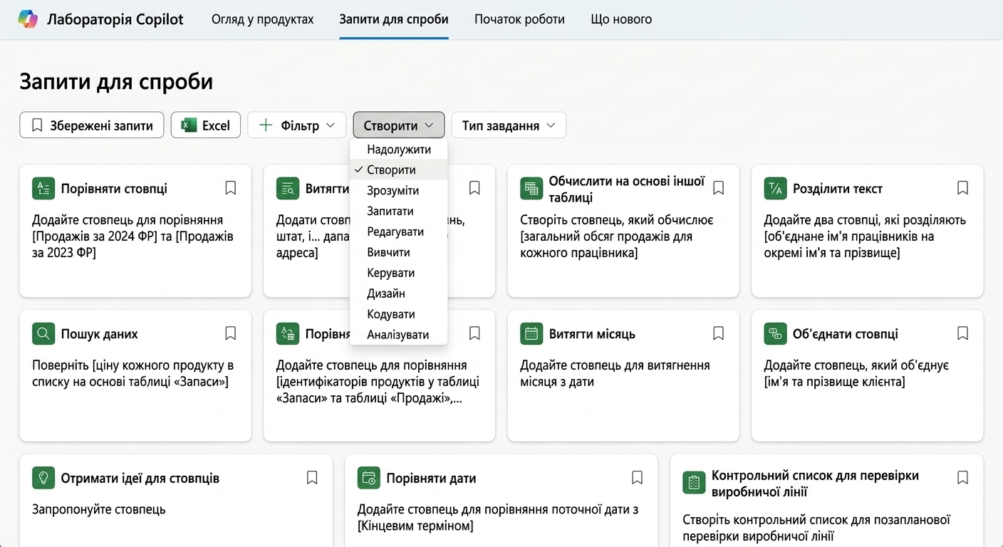 Низка рекомендованих підказок із Copilot Lab, з різними фільтрами-списками.