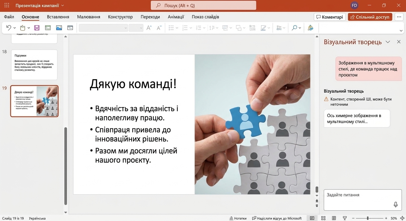 Знімок екрана слайда PowerPoint із відкритим чатом Copilot; користувач просить упорядкувати слайди.