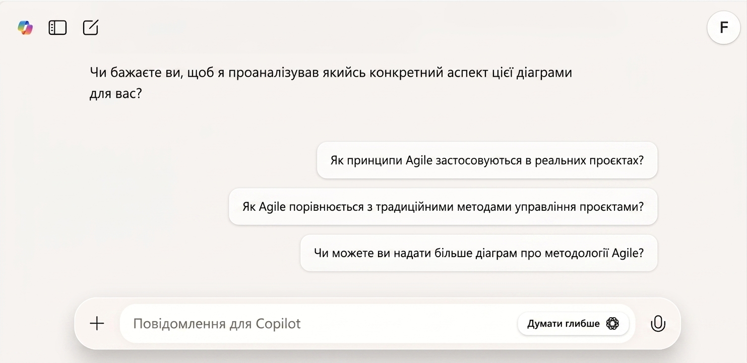 Відповідь Copilot із запропонованими уточнювальними запитаннями
