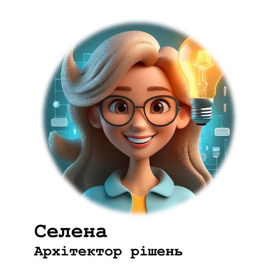 Ілюстрація усміхненої жінки в окулярах серед цифрових іконок і сяючої лампочки; поруч текст: «Selena, Solution Architect».