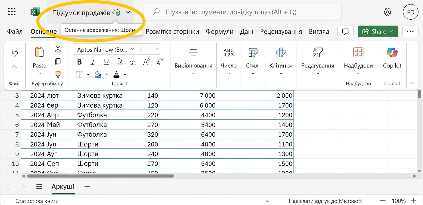Знімок екрана аркуша Excel з виділеним автозбереженням.