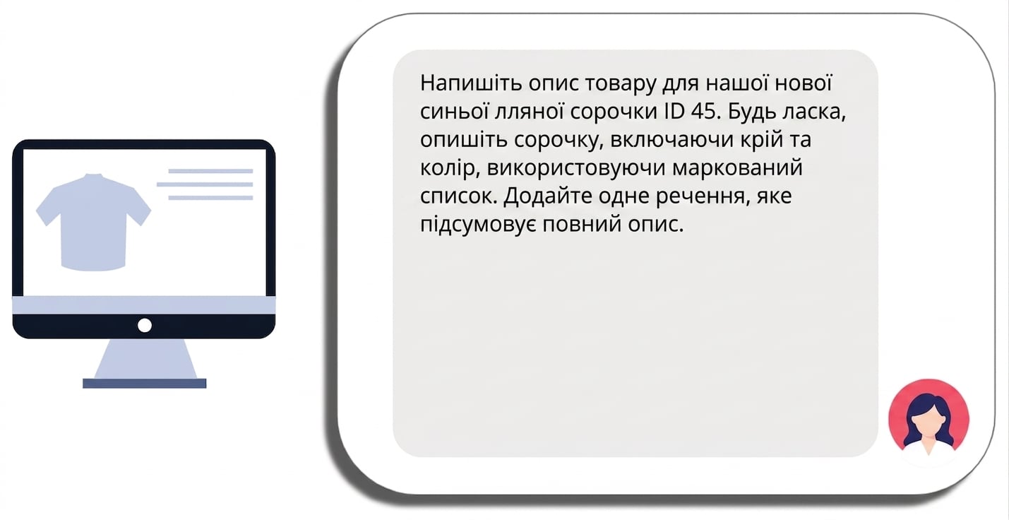 Підказка для опису товару — сорочки — з конкретною назвою продукту та вимогами