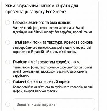 Copilot запитує, який візуальний стиль обрати для презентації EcoGreen, пропонує чотири описані варіанти