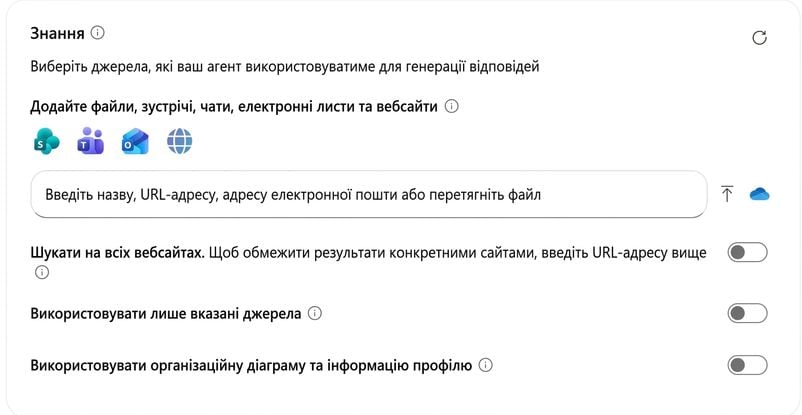 Панель Knowledge із доданим одним джерелом в Agent Builder