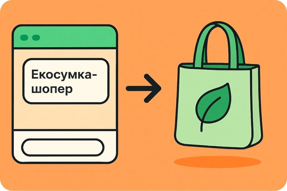 Ілюстрація: текстове поле з написом "Eco-friendly tote bag" перетворюється на зелений шопер із листком, що показує, як генерація зображень перетворює текст на візуал