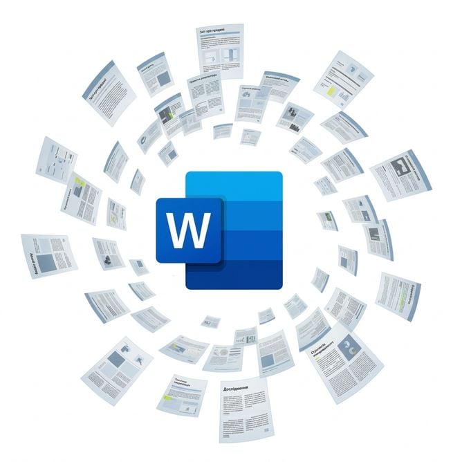 Логотип Microsoft Word, оточений сторінками документів — створення й керування вмістом у Word і PowerPoint