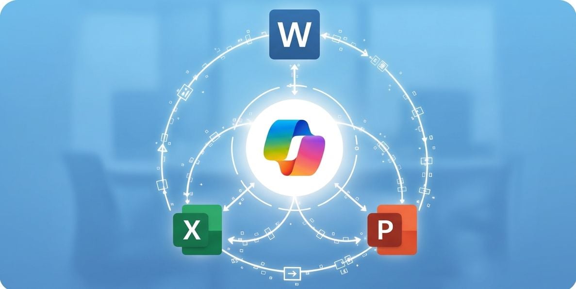 Графіка з логотипом Microsoft 365 Copilot у центрі, з'єднаним з іконками Word, Excel і PowerPoint, що показує здатність Copilot поєднувати роботу між застосунками