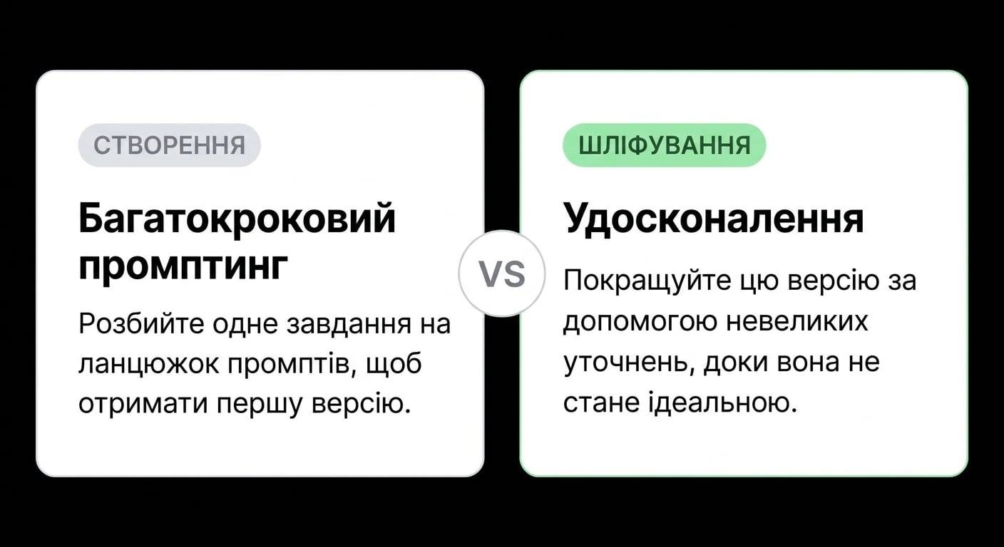 Порівняння: багатокрокові підказки формують чернетку поетапно, а доопрацювання полірує наявну чернетку