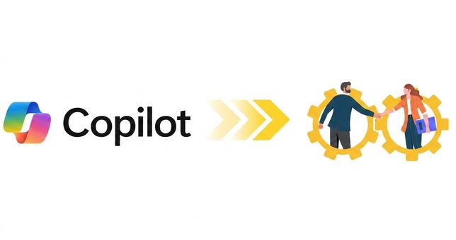 Зображення: логотип Microsoft Copilot, з'єднаний жовтими стрілками з ілюстрацією двох людей, що тиснуть руки всередині шестерень