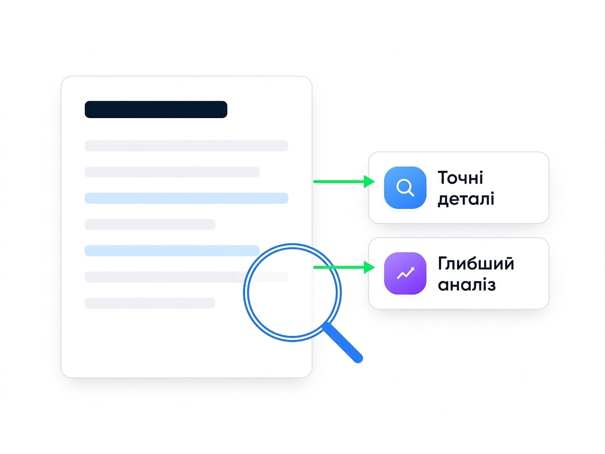 Документ під лупою: виділено "precise details" і "deeper analysis"