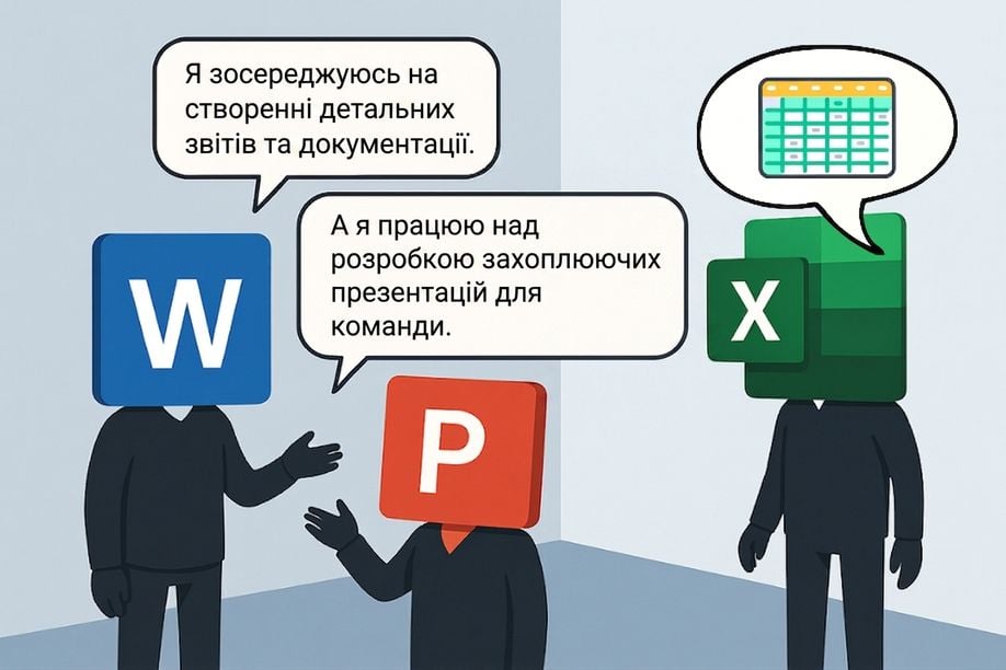 Ілюстрація трьох фігур із логотипами Microsoft Word, PowerPoint і Excel замість голів — співпраця між застосунками Microsoft