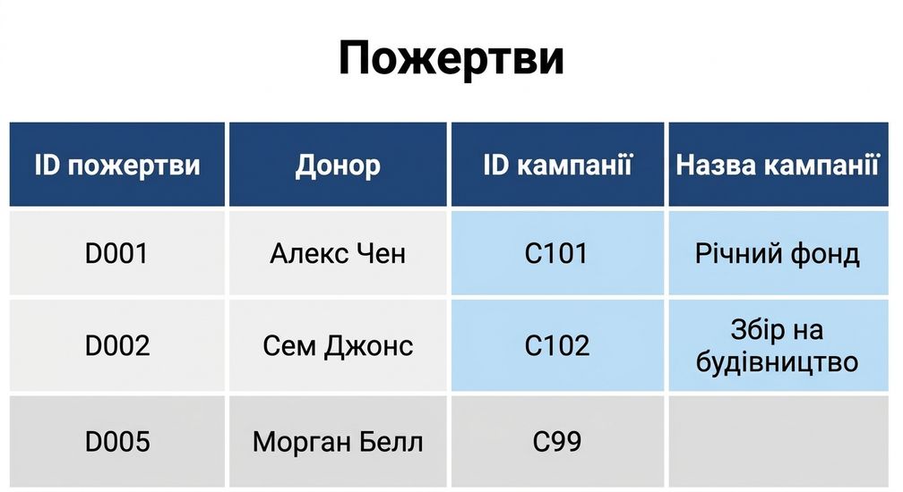Таблиця Donations із заповненим Campaign Name і порожнім значенням для незбігу в рядку C99