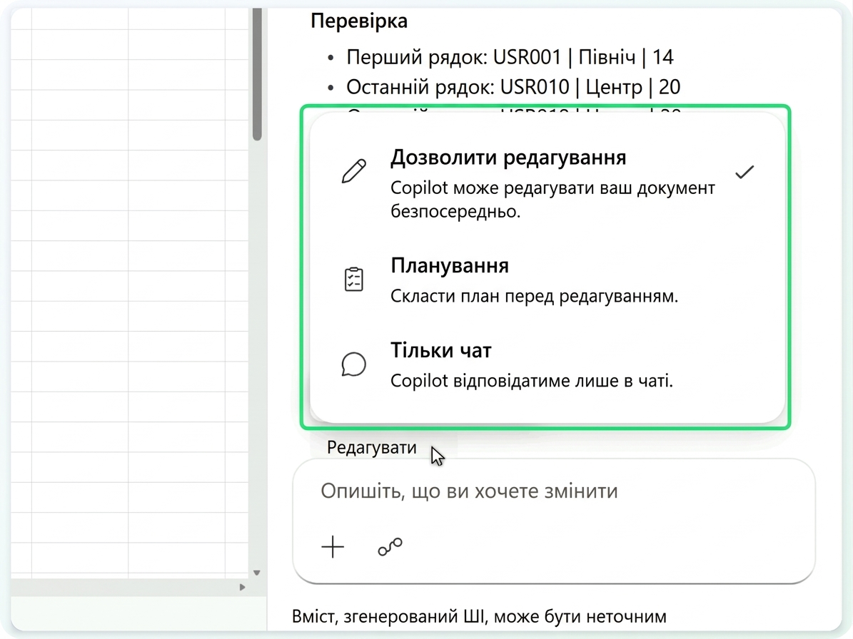 Меню режимів Copilot — Allow editing, Plan, Chat only