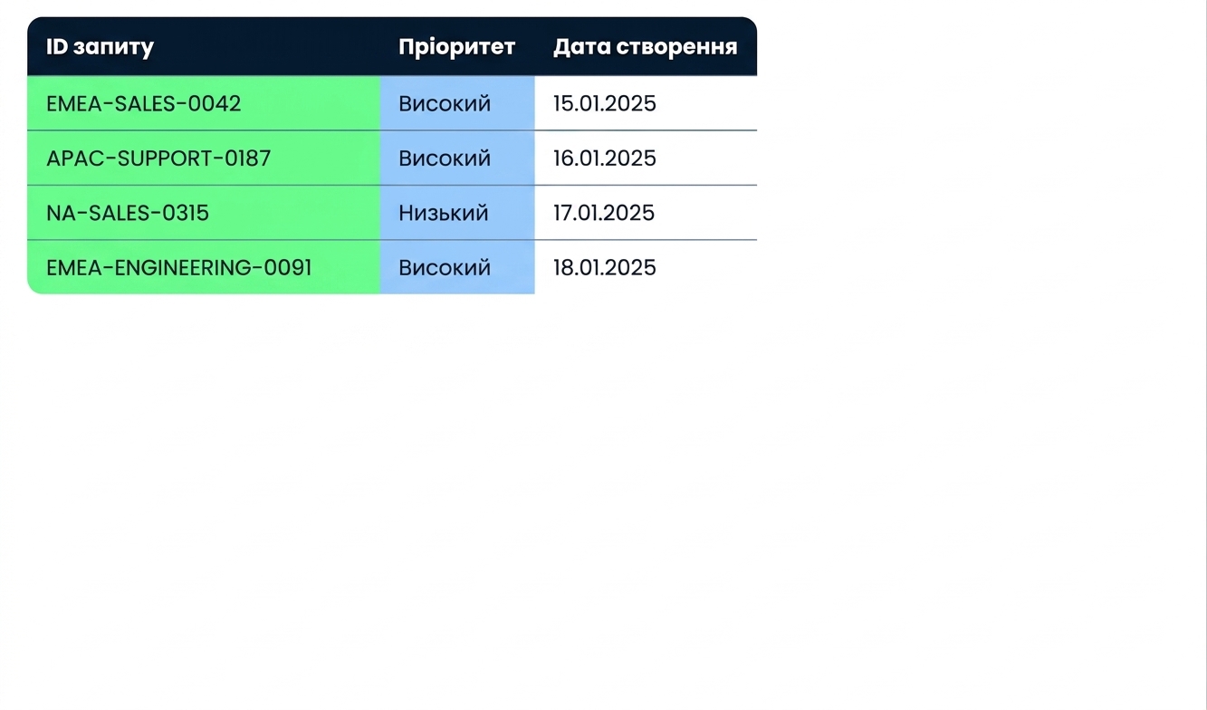 Таблиця Tickets: стовпець Ticket ID зі стисненими значеннями та стовпець Priority зі змішаними регістрами