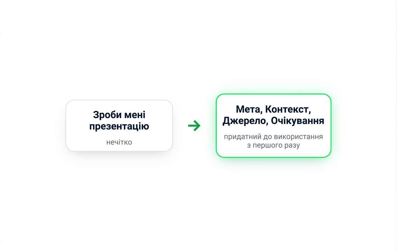 Нечітка підказка «Make me a deck» поруч із тим самим запитом, оформленим через Goal, Context, Source і Expectation, який працює з першого разу