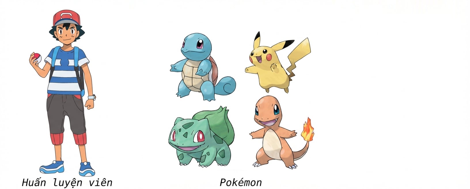alt=”Squirtle, Pikachu, Bulbasaur và Charmander; một vài Pokémon trong trò chơi của Nintendo”