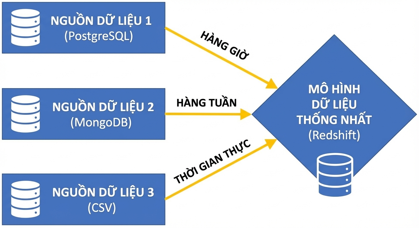 Ba nguồn dữ liệu kết nối với mô hình dữ liệu thống nhất