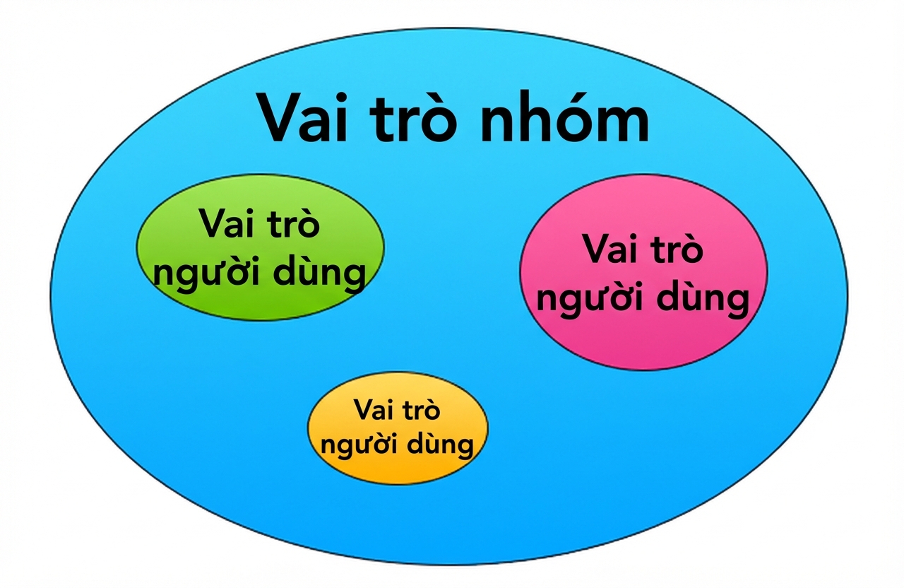 Đồ họa về Vai trò: vòng tròn ngoài là vai trò nhóm, ba vòng tròn trong là vai trò người dùng