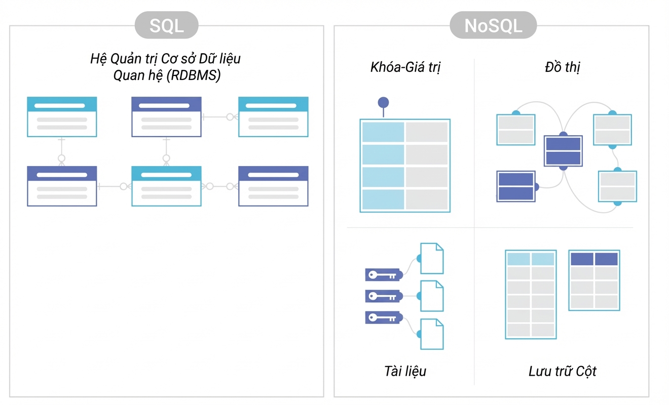 Sơ đồ so sánh lưu trữ của SQL và NoSQL DBMS.