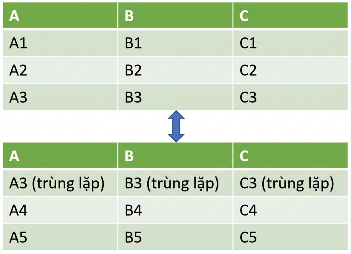Hai DataFrame ghép dọc với hàng trùng trong DataFrame thứ hai