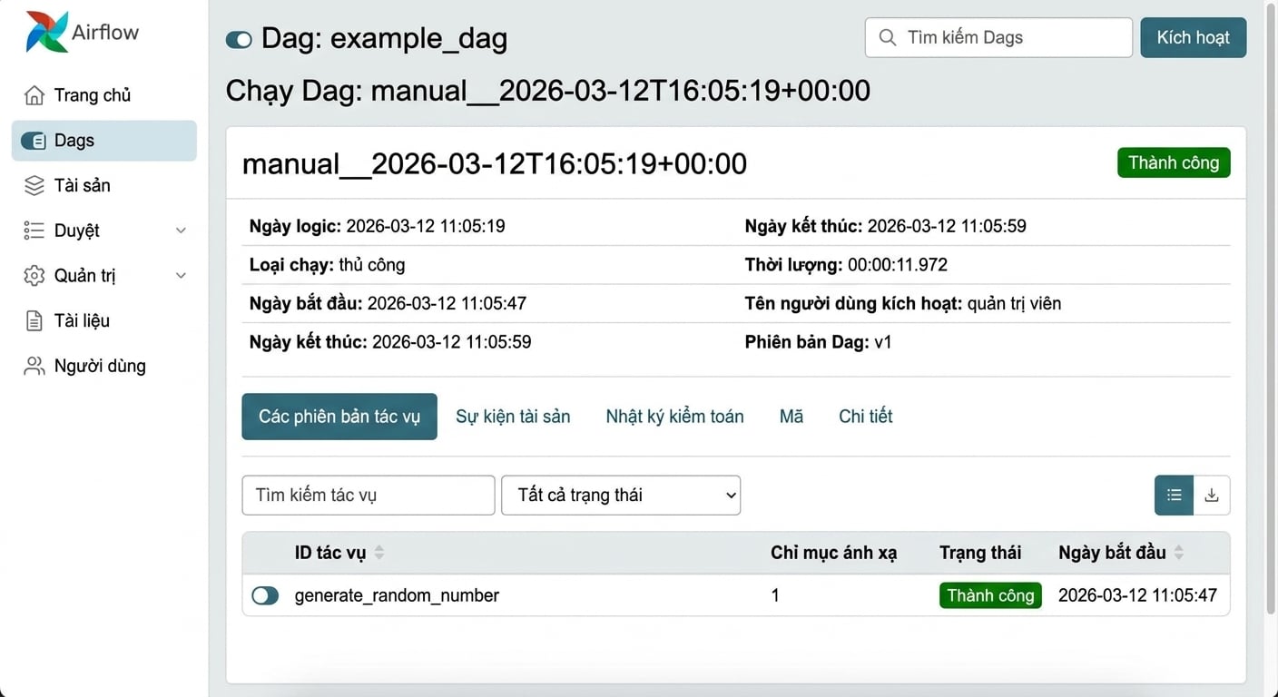 Chế độ xem tác vụ của lượt chạy Dag hiển thị chi tiết từng tác vụ như generate_random_number