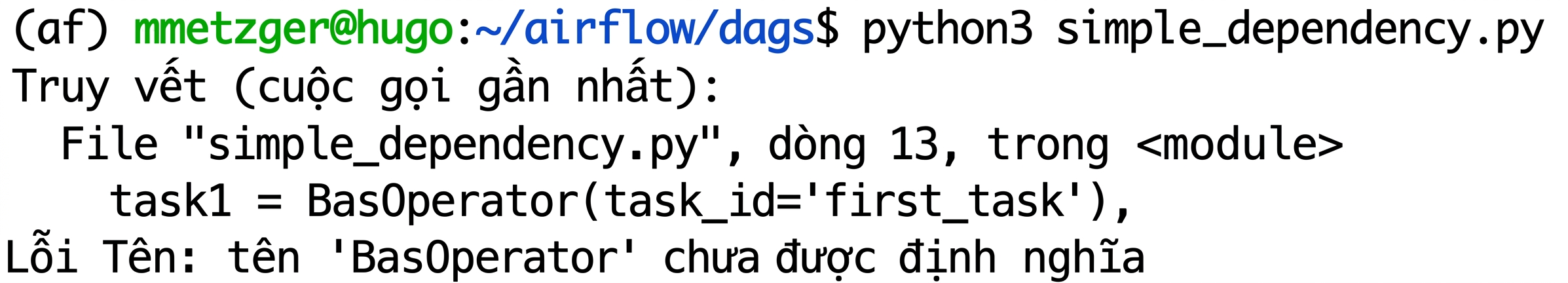 Terminal hiển thị lỗi cú pháp Python khi chạy tệp Dag bằng python3