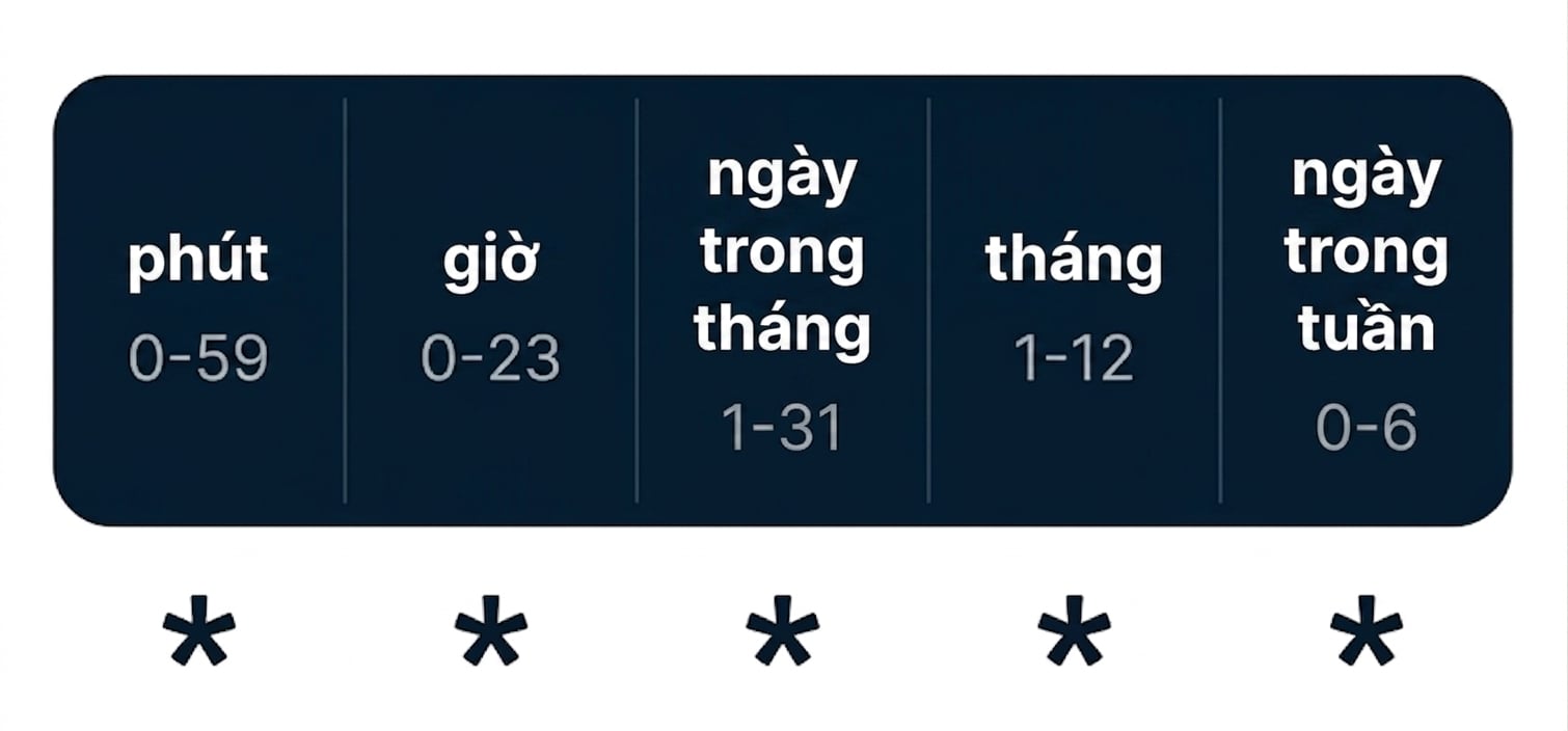 Sơ đồ cú pháp cron với 5 trường thời gian cách nhau bằng dấu cách