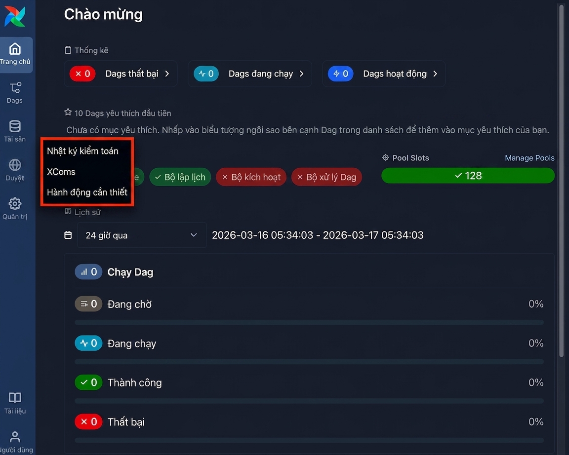 Giao diện Airflow với menu Browse mở, hiển thị tùy chọn audit log