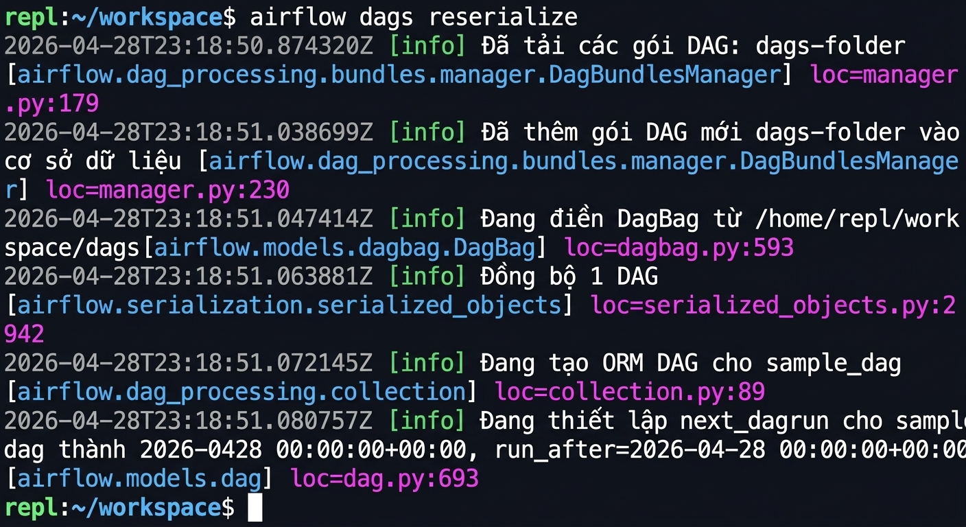 Terminal chạy airflow dags reserialize để ép làm mới Dag