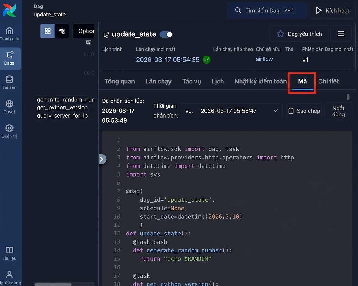 Chế độ mã Dag hiển thị mã nguồn Python chỉ đọc định nghĩa Dag