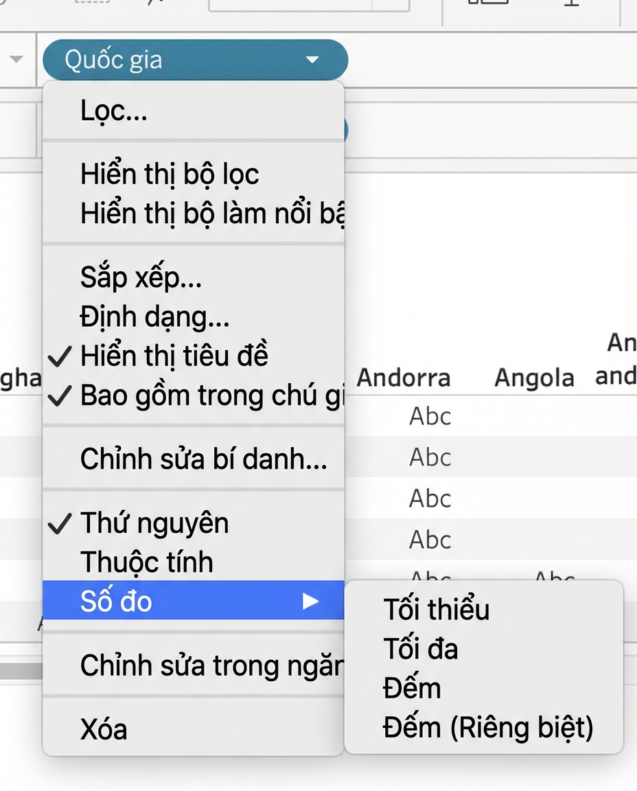 Menu thả xuống Tableau để tổng hợp chiều