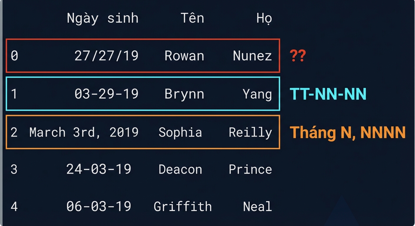 Bảng hiển thị đầu ra của tập birthdays - một hàng có định dạng tháng/ngày/năm; một hàng viết đầy đủ; một hàng rõ ràng sai khi lặp ngày hai lần.