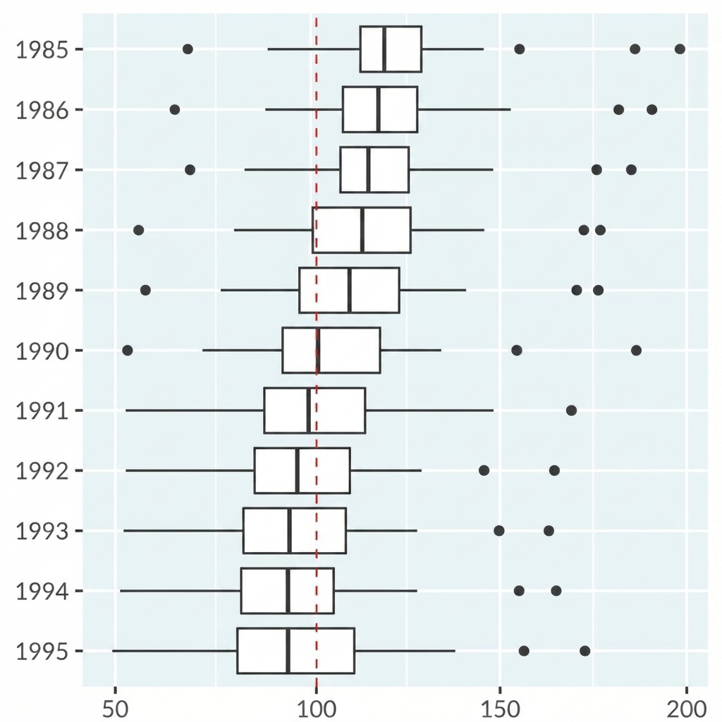 Box plots of cigarette consumption per capita in the USA, from 1985 to 1995.
