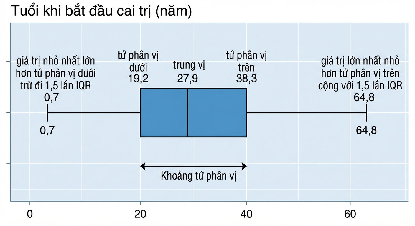 Biểu đồ hộp tuổi bắt đầu trị vì của vua và hoàng hậu. Biểu đồ được chú thích: râu kéo dài từ cạnh hộp đến giá trị thấp nhất và cao nhất không cực trị.