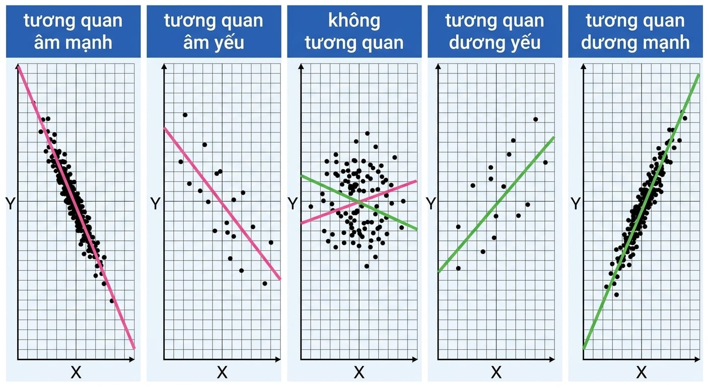Biểu đồ phân tán các hệ số tương quan cho các cặp tọa độ x và y lý thuyết.