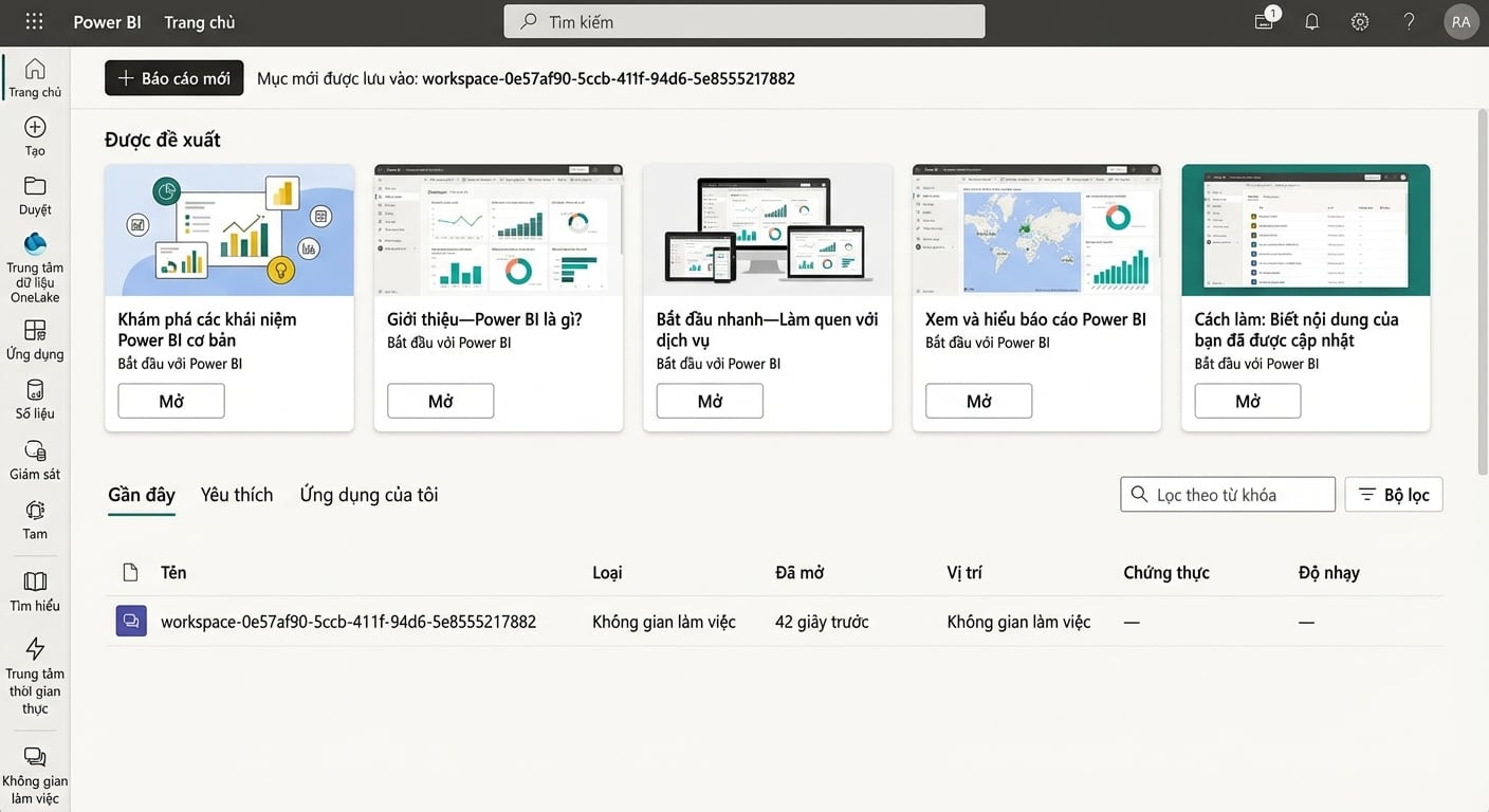 Màn hình sau khi đăng nhập vào Power BI Service