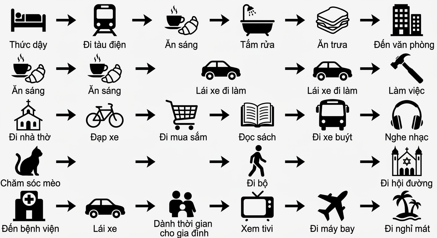 một bộ biểu tượng đại diện cho nhiều hoạt động