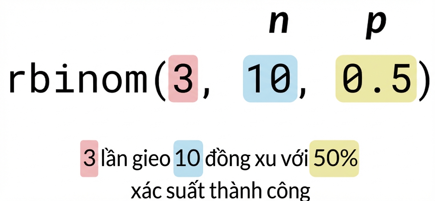 rbinom(3, 10, 0.5) với 3 màu đỏ, 10 màu xanh, 0.5 màu vàng. Văn bản: 3 (đỏ) lượt gieo 10 (xanh) đồng xu với xác suất thành công 50% (vàng). n ghi trên 10 màu xanh và p ghi trên 0.5 màu vàng.